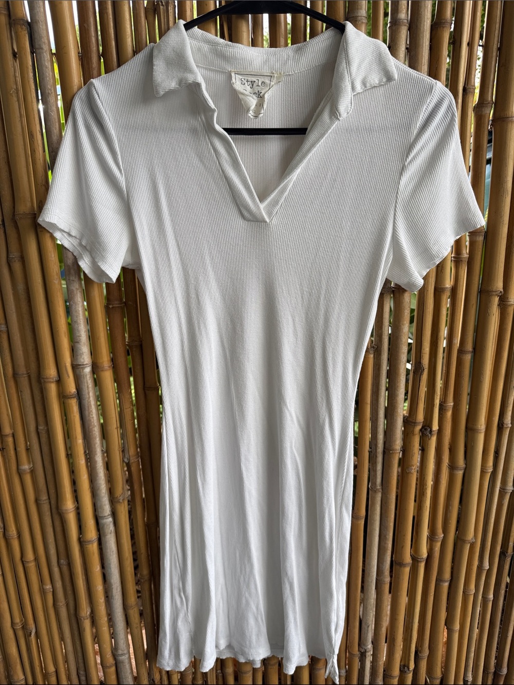 Style Rack White Ribbed Polo V-Neck Mini Dress